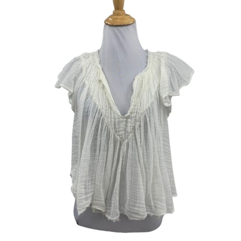 FP One Free People Blouse Womens M Medium White Cotton Flutter Sleeve Crop Gauzy